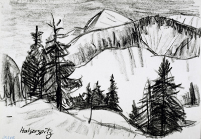 Konrad Sommer: Halserspitz,  30.1.1965,  Kohle, Kugelschreiber auf Papier, 20,9 x 30,5 cm, bez. u.l.: Halserspitz 30.1.65.